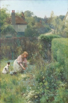 Pets and Children Painting - Picking wild flowers Alfred Glendening JR little girl puppy dog kids animal pet